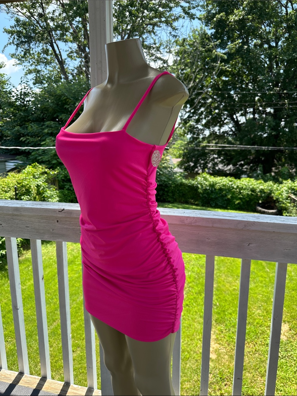 Hot Pink Ruched Bodycon Mini Dress - Picture 2 of 3